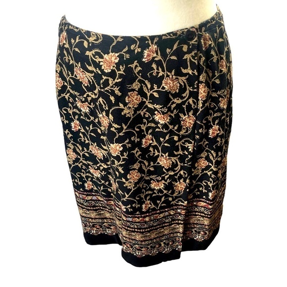 Hunt Club Wrap Skirt Women 8 Black Gold Red Floral Lined Classic Career Rayon - Picture 1 of 9